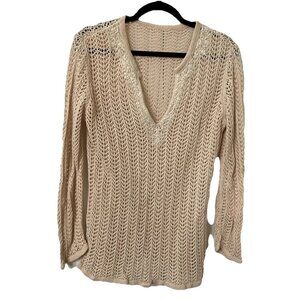 Y2K Sweater Top Womens Tan Open Knit Crochet Transitional Layering Boho